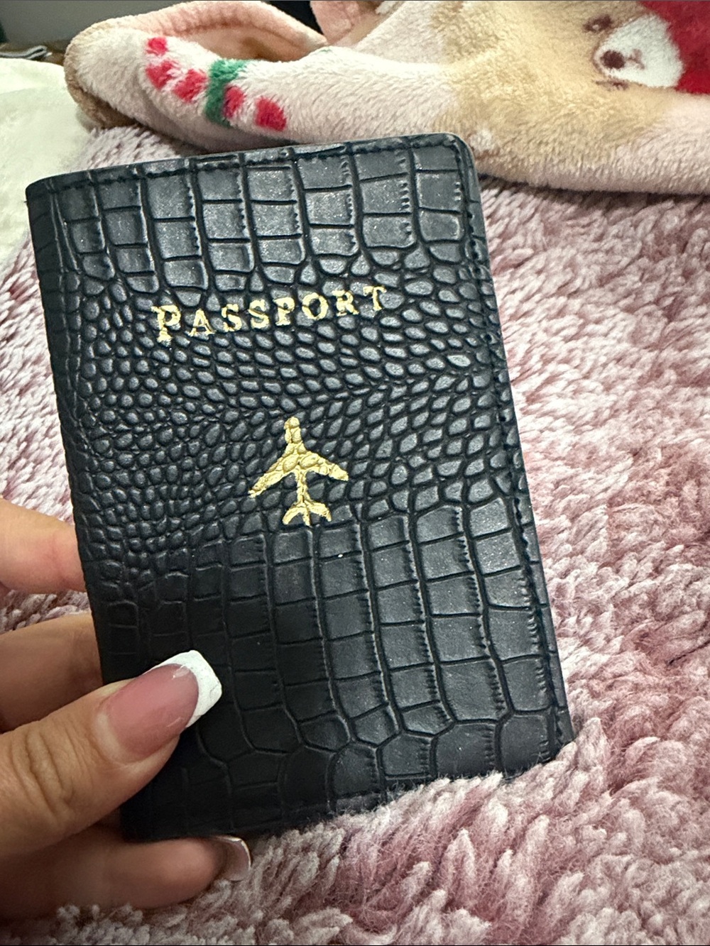 Passport Holder Cover for Men - Black Croc Texture with Gold Accents